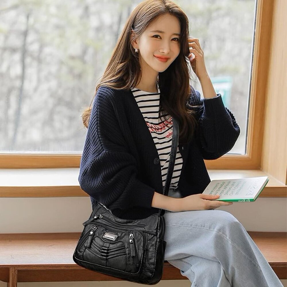 Women's Black Soft Pu Leather Multi-pocket Shoulder Bag Medium Cross-body Purse - Picture 8 of 8